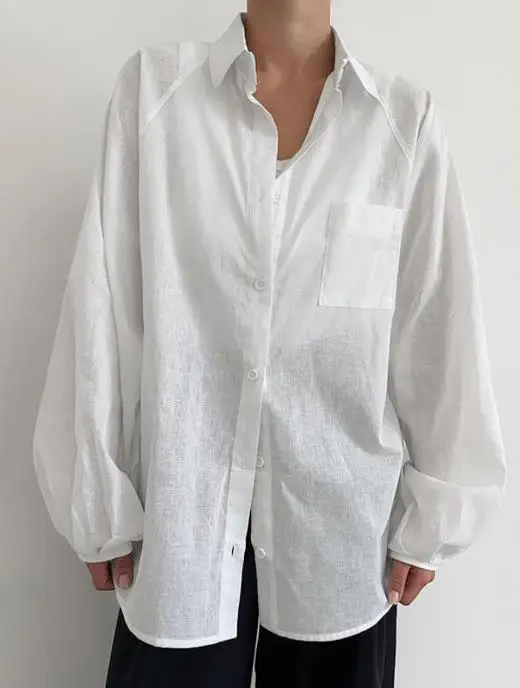 

Fashionable Classic White Cotton and Linen Loose Collar Lantern Sleeve Top, Summer Solid Color Lapel Loose Button Shirt Top