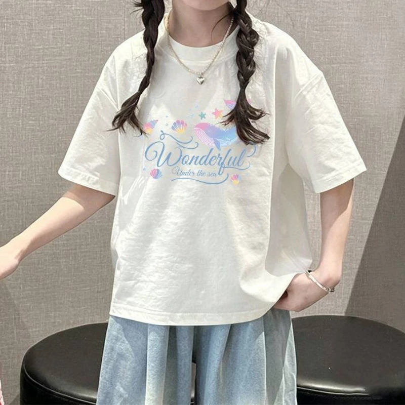 女の子用コットン半袖tシャツ、通気性があり柔らかく、かわいい漫画プリント、カジュアルなルーズフィットトップス、子供用、快適な普段着