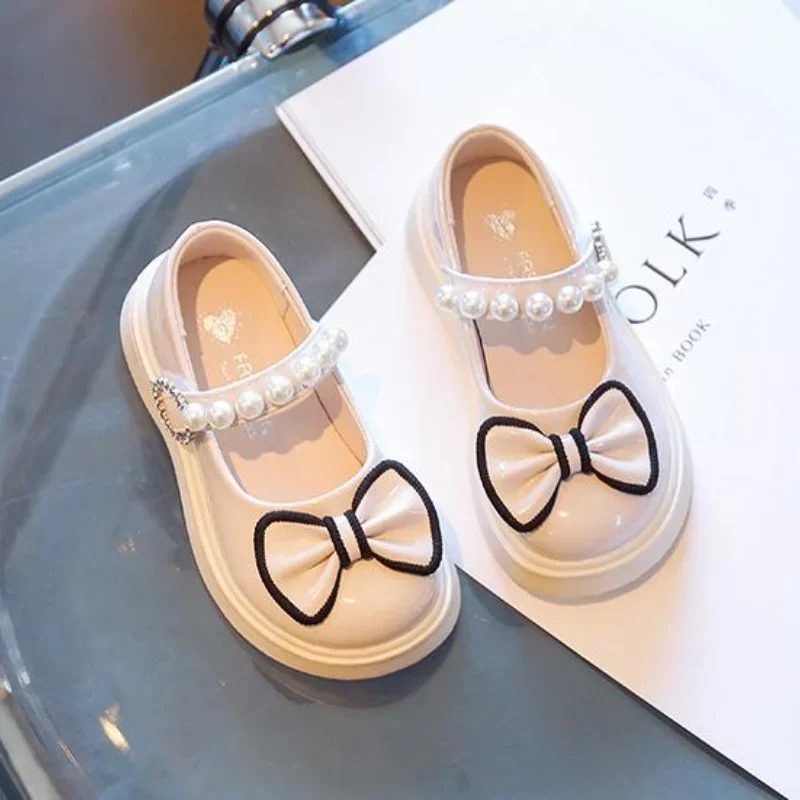 Girl PU Leather Shoes Spring Autumn Pearl Bow School Student Princess Flats Fashion Kids Party Performance Toddler Footwear