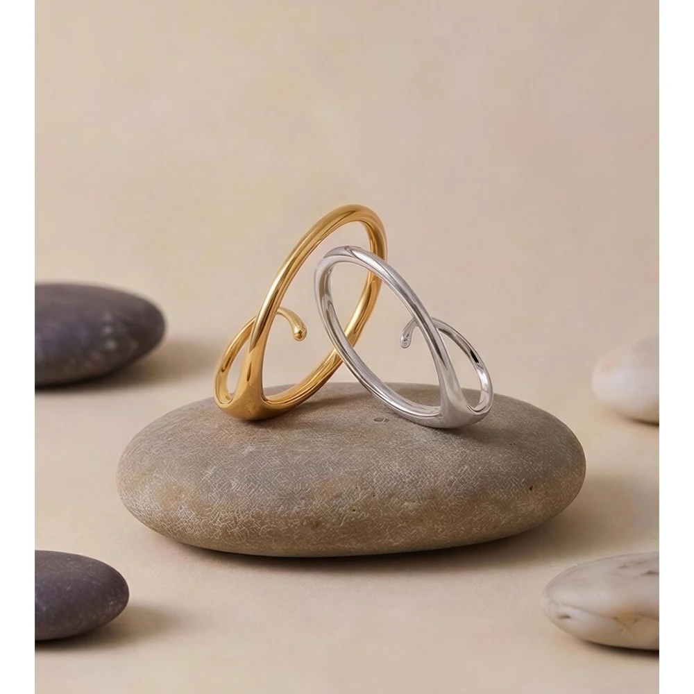 Yhpup 2026 Stainless Steel Oval Geometric Hollow Adjustable Ring for Women Stylish Unique Minimalist Fashion Finger Jewelry Gift