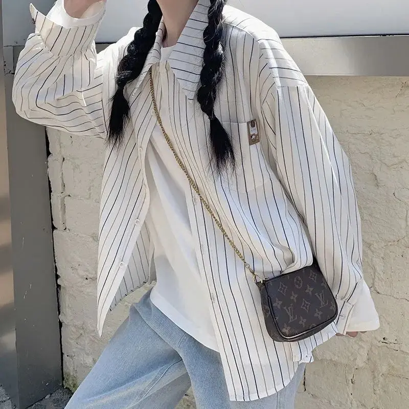 QWEEK Striped Preppy Japanese Kawaii Woman Shirt Casual Youthful Oversized Cute Blouses Korean Style Vintage Long Sleeve Autumn