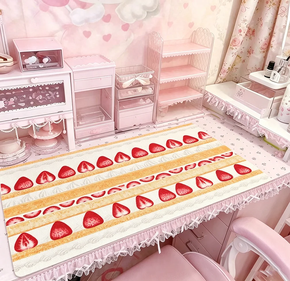 PU Leather Desk Pad Protector Pink Red Strawberry Cream Cake Kawaii Y2K Girl Mouse Extension Pad Office Desk Mat Desk Blotter