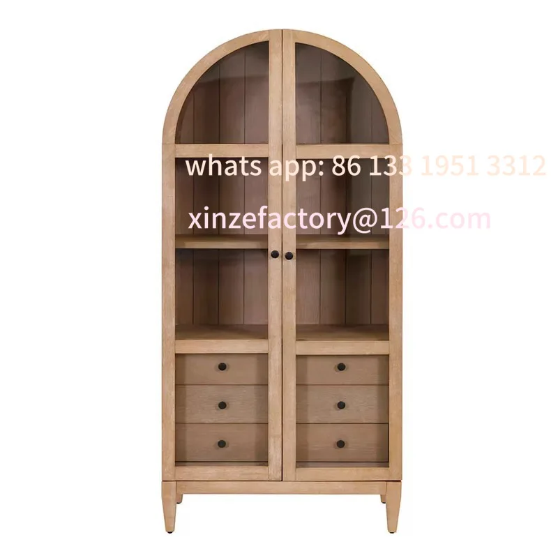 

Customizable American light luxury solid wood bookcase simple living room antique glass door with drawers French retro arched de