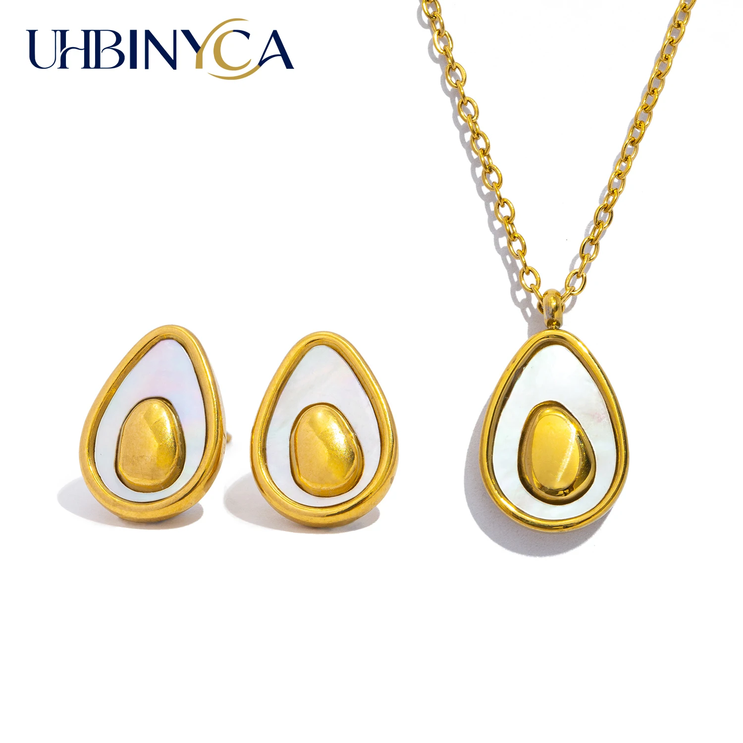 Sweet Avocado Necklace & Stud Earrings for Women - Hypoallergenic Stainless Steel with Shell Jewelry, Cute Gift for Daily Wear