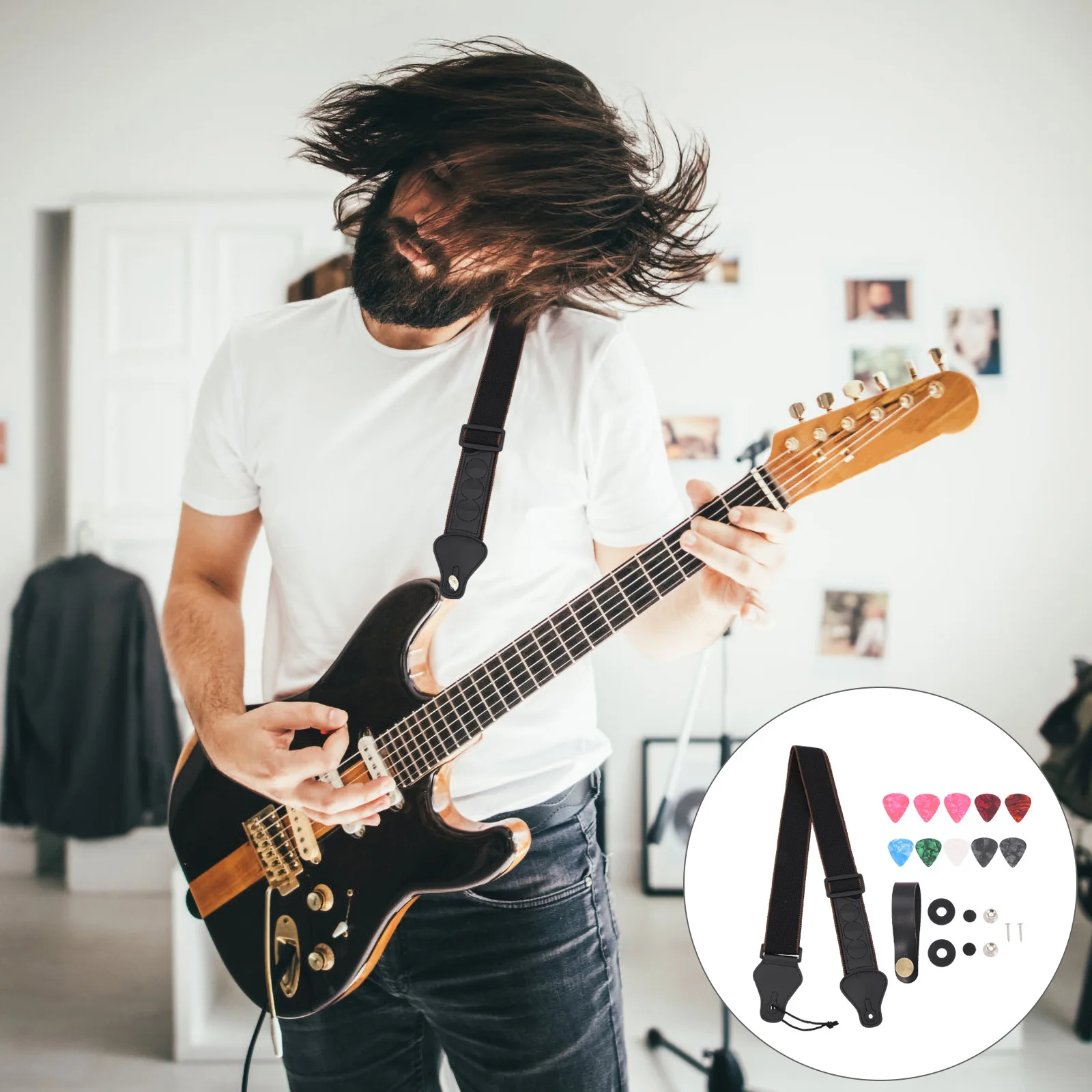 

1Set Guitar Strap Suit Durable Practical Cotton Strap Safe Comfortable for Electric Acoustic Classical Guitar Accessory