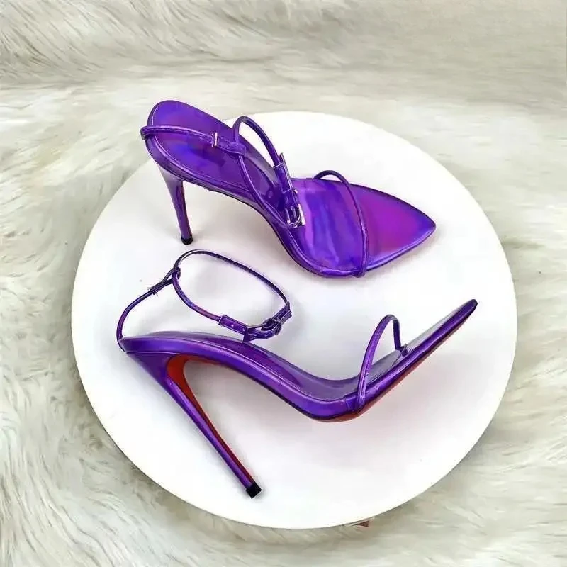 

New Laser Purple Fashion Ultra fine One line Buckle with Thin Heels Sandals Sexy Fashion Large Size