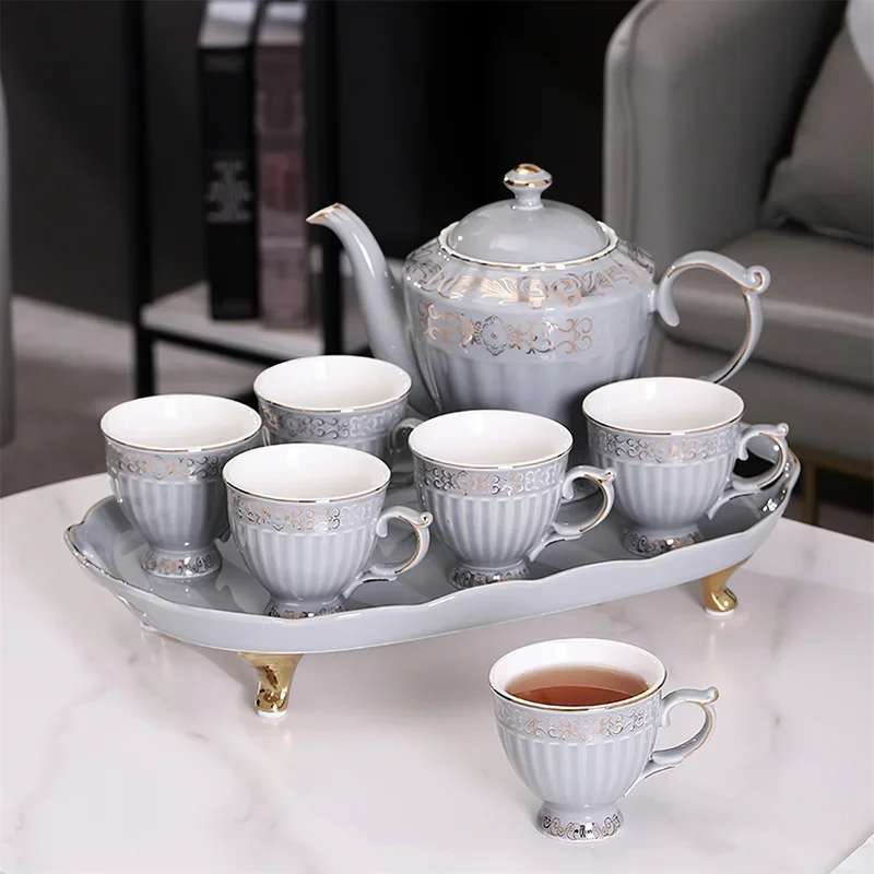 

Ceramic Coffee Tea Set Nordic Gold Household Living Room Cold Kettle 1 Pot 6 Cups 1 Tray Teaware Sets High Capacity Coffee Pot