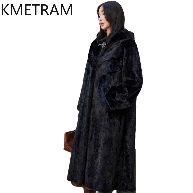 

KMETRAM 100% Mink Fur Jacket Woman Loose Black Long Real Fur Coat with Hood 2025 Winter Coats Women Clothing шуба женская