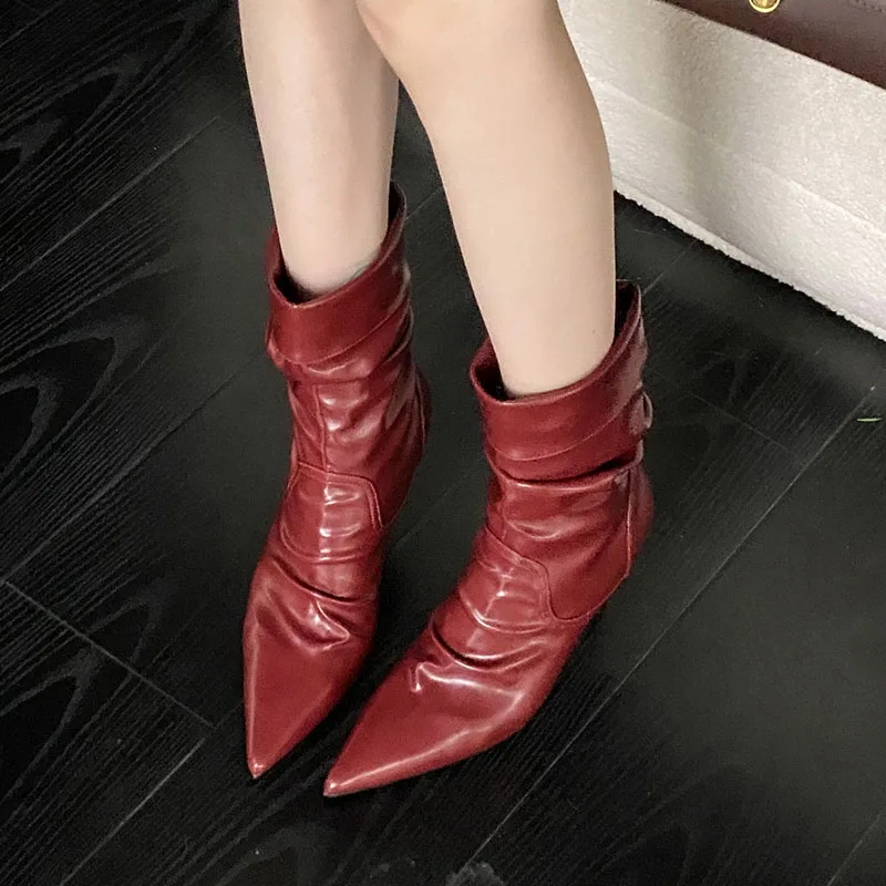 

2025 Red White Design Sexy Pleated Pointed Toe Zipper Women Ankle Boots Fashion Thin High Heels Stripper Modern Booties Shoes