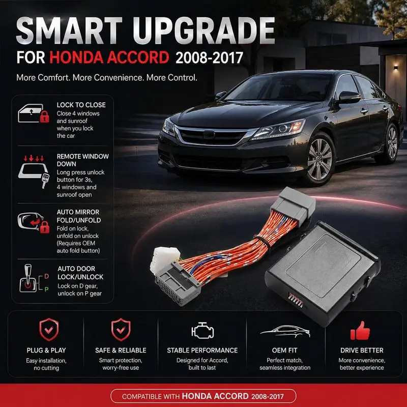 Auto Window Closer, Mirror Folding, Sunroof Closing, Speed Lock and Unlock Function for Honda Accord 2008-2017