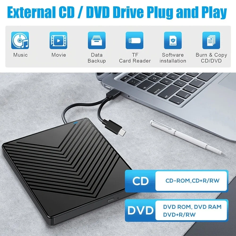 USB 3.0 & Type-C Portable External CD DVD Drive for Laptop Rewritable DVD-ROM Player with SD/TF Card Reader Compatible with Windows Linux Mac OS