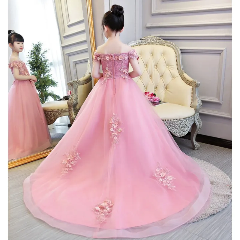 Glizt Bead Appliques Flower Girl Wedding Dresses Long Trailing Girl Party Princess Birthday Dress First Communion Gown for Kid