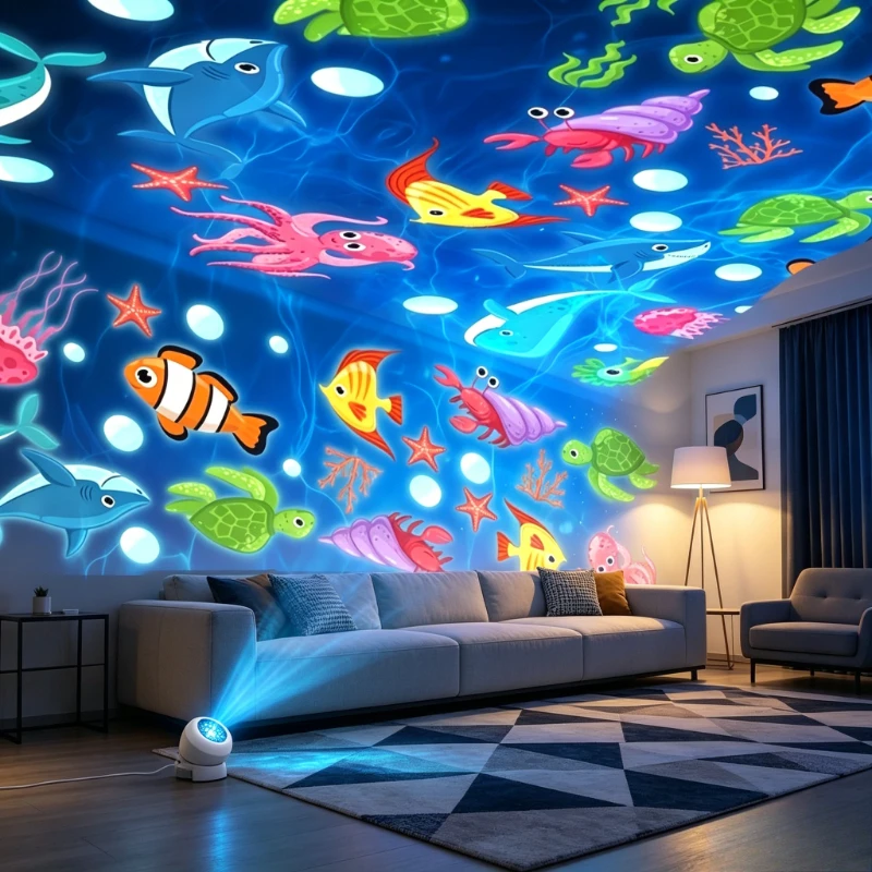Ocean Starry Sky Projector Night Light 360°Rotatable USB Plug‑in Dynamic Marine Jellyfish Turtle LED Ambient Light Birthday Gift