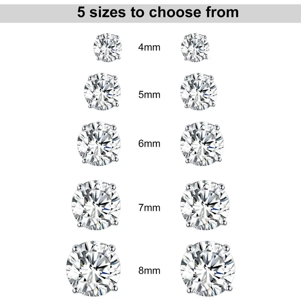 TKJ 5/6/7/8mm 925 Sterling Silver Simple Four Prongs Shiny Zircon Crystal Ear Stud Earrings for Women Fine Jewelry Gift