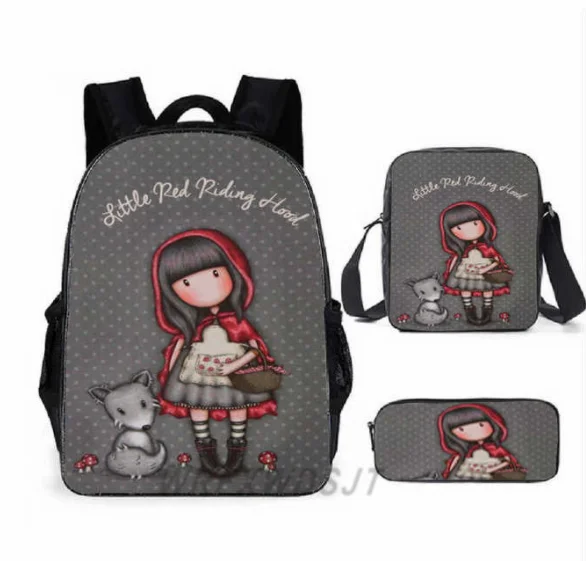 Harajuku novidade novo santoro gorjuss 3 pçs/set mochila impressão 3d escola estudante bookbag portátil daypack bolsa de ombro lápis caso