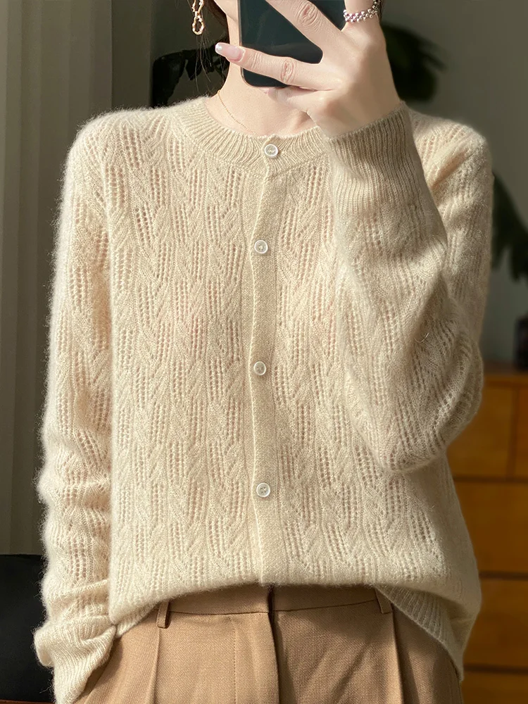 Spring new women\'s cardigan 100% merino wool sweater O-neck hollow elegant cashmere knitted jacket Korean fashion blouse