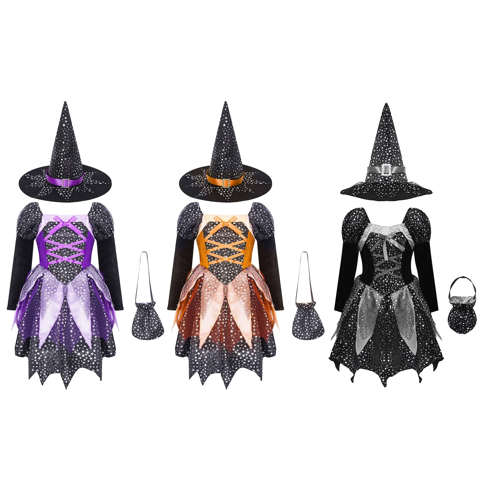 Girls Witch Sorceress Cosplay Costume Princess Dress with Candy Bag Pointed Hat for Halloween Masquerade Carnival Theme Party