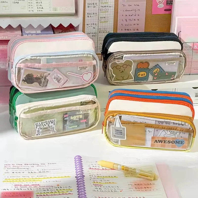 

New Kawaii Transparent Pencil Bag - Large Capacity 3 Compartments Pencil Case, Cute Korean Stationery for School Students
