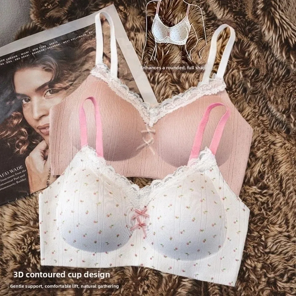 Traceless Lace Wireless V Bra Flower Bow Shockproof Lace Floral Print Bra Gathered Breasts Dots Pattern Brassiere for Women
