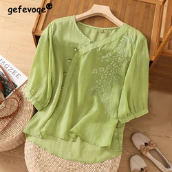 Women's Summer Fashion Vintage Elegant Cotton Linen Blouse Solid Embroidery Irregular Shirt Female V Neck Half Sleeve Loose Tops