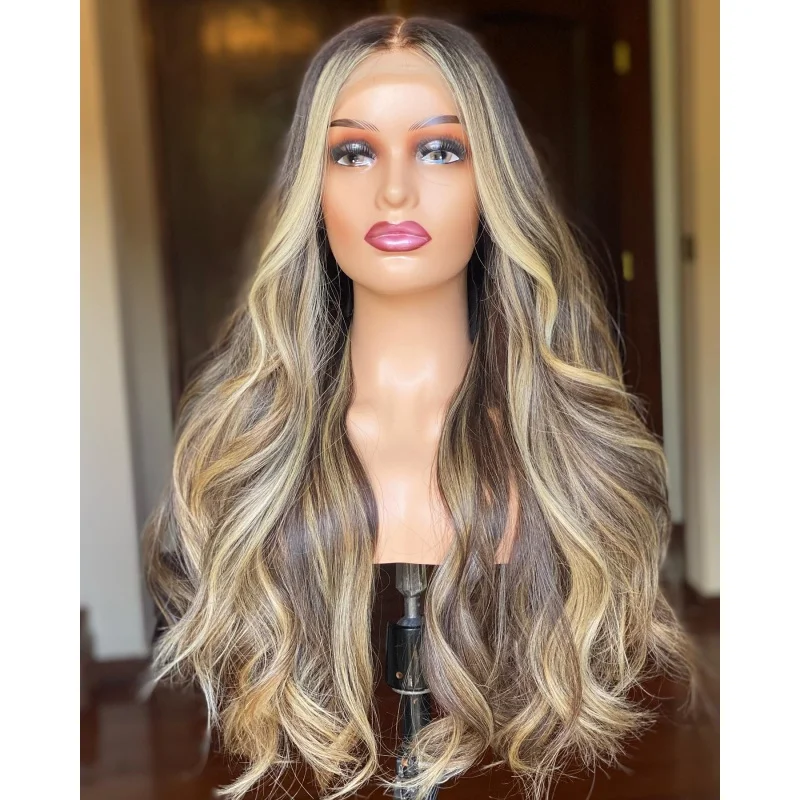 

Body Wave Dark Brown Blonde Highlight Real Natural Hair Wig Without Glue lace front wig Synthetic Futura Fibre Wigs