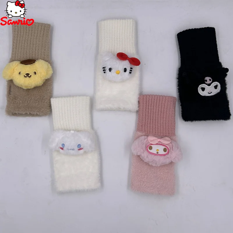 Plush Gloves Kuromi Hello Kitty Elasticity Soft Mittens Imitation Mink Fur Winter Keep Warm Knitted Half Fingers Gloves Gift