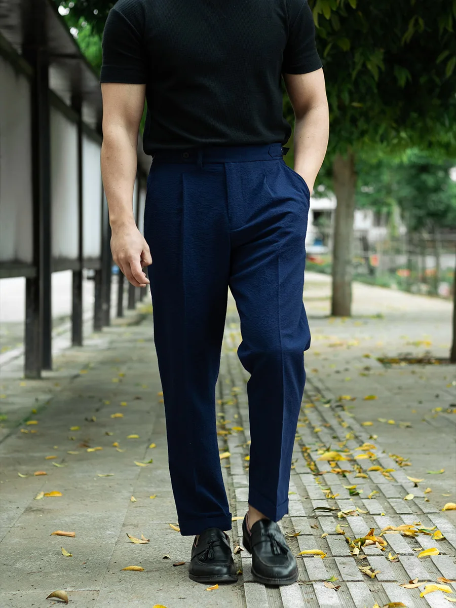 Italian casual Paris button business gentleman seersucker casual pants slim pants Cropped pants Ivy ivy