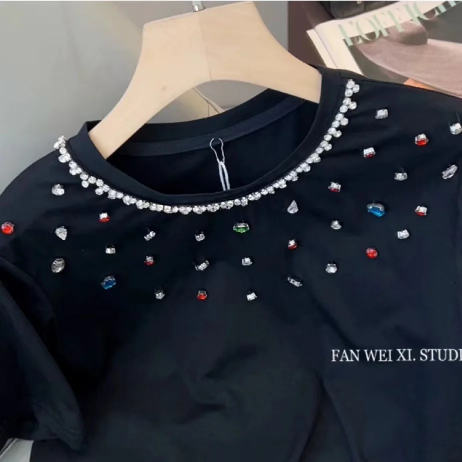 Luxury Colorful Rhinestones Short Sleeve Modal Cotton Tshirt For Women Summmer Slim T Shirt Tops Tees Korean Popular Clothes