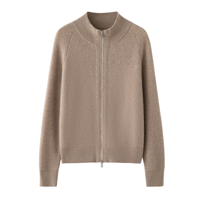 

High-end Women's 100% Cashmere Zipper Cardigan Autumn Winter Stand-up Collar Cashmere Sweater Thickened Warm Clothing Tops Coat