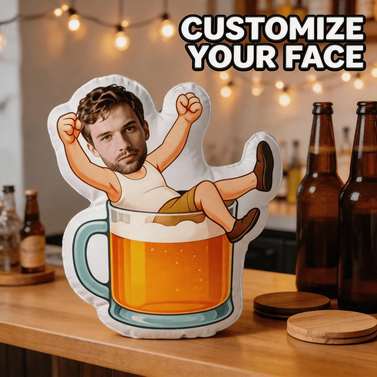 Custom Photo Beer Mug Shaped Pillow, Funny Face in Cup Personalized Decorative Cushion, Novelty Home Decor Accent for Sofa And B