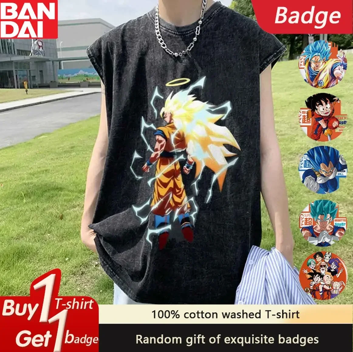 ドラゴンボールメンズタンクトップアニメプリントマンノースリーブシャツヴィンテージウォッシュサマーY2k服オーバーサイズジムベストストリートウェア