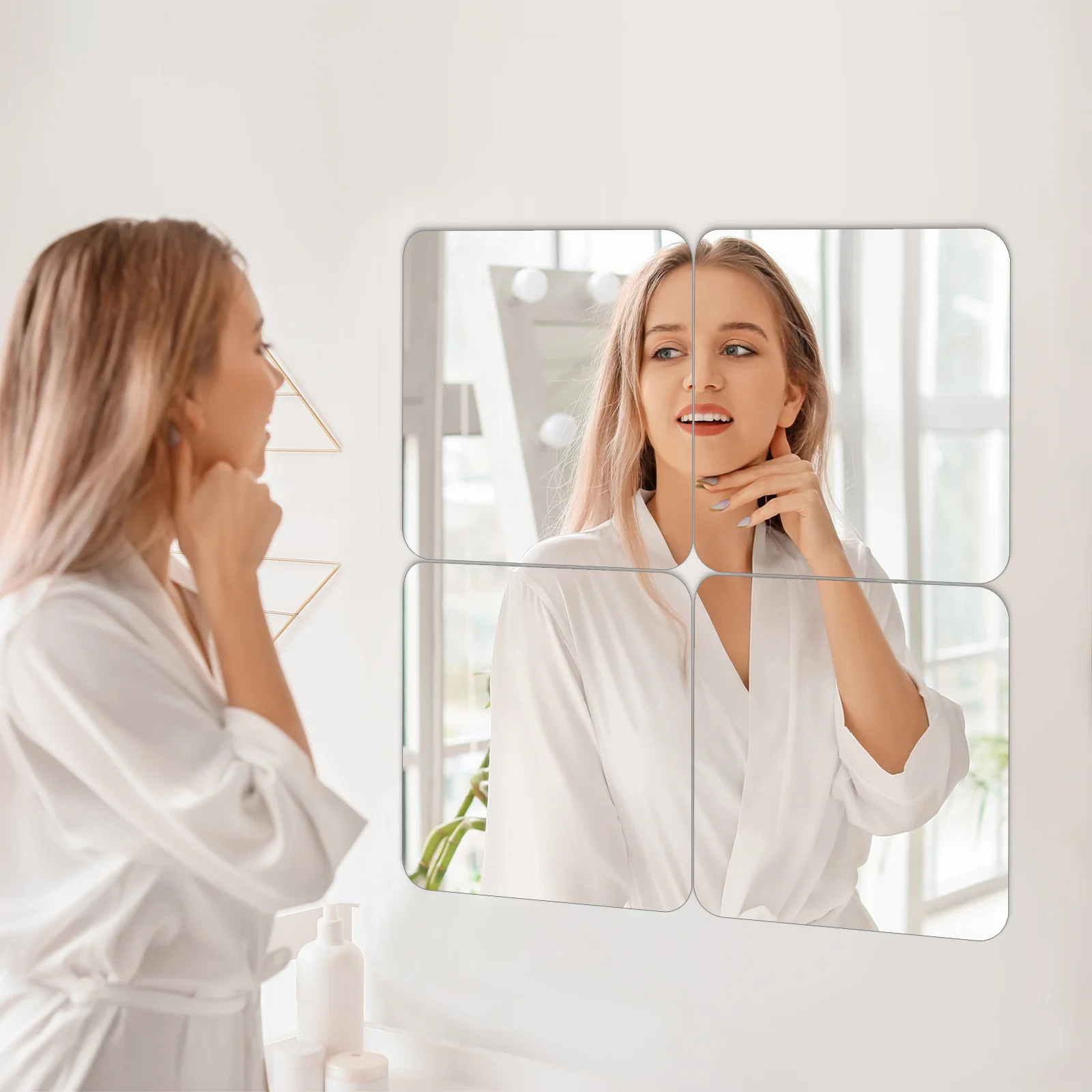 

4Pcs Soft Mirror Acrylic Mirror Wall Sticker Clear Reflective Sheets for Door Wardrobe Closet Stick on Installation