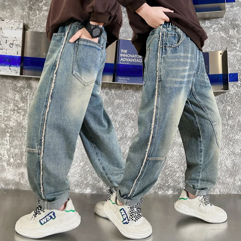 

Teenage Boys Denim Pants 2025 New Children's Spring and Autumn Blue Jeans Boys Straight Leg Loose Wide-leg Pants Kids Soft Jeans