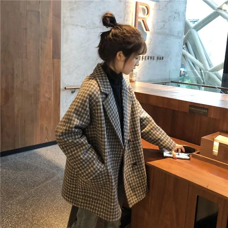 Winter Plaid Thickened Blazers Jacket Women Loose Long Sleeve Office Lady Korean Style Fashion Casual Versatile  Cardigan Female