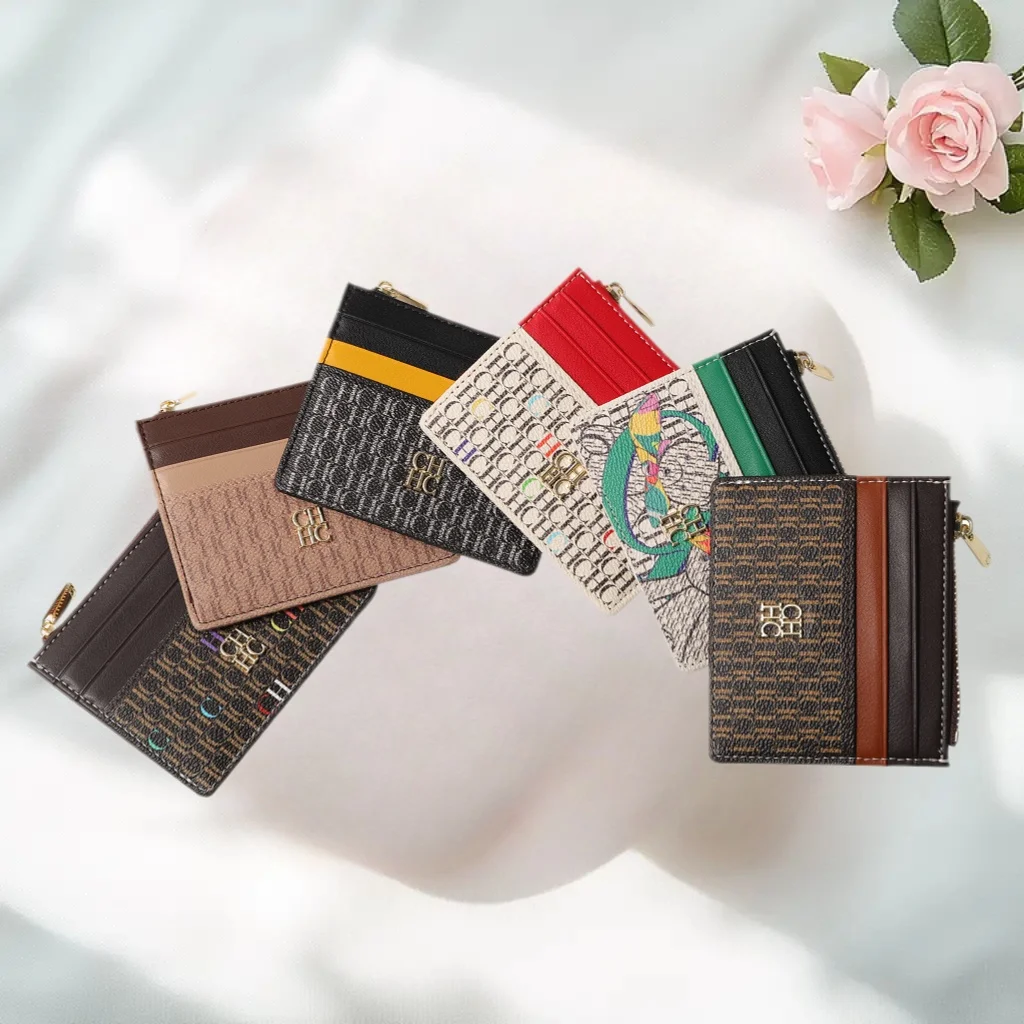 CH Premium Womens Compact Wallet Gold Logo Letter Decor Zipper Closure Multiple Card Slots Coin Pocket Daily Commute Purse