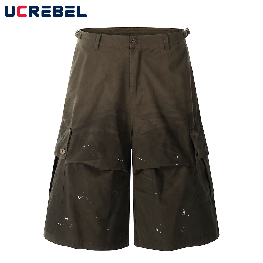 Pocket Cargo Shorts Mens Gradient Dyed Splash Ink Summer Retro High Street Pleated  Loose Wide Leg Short Pants Men