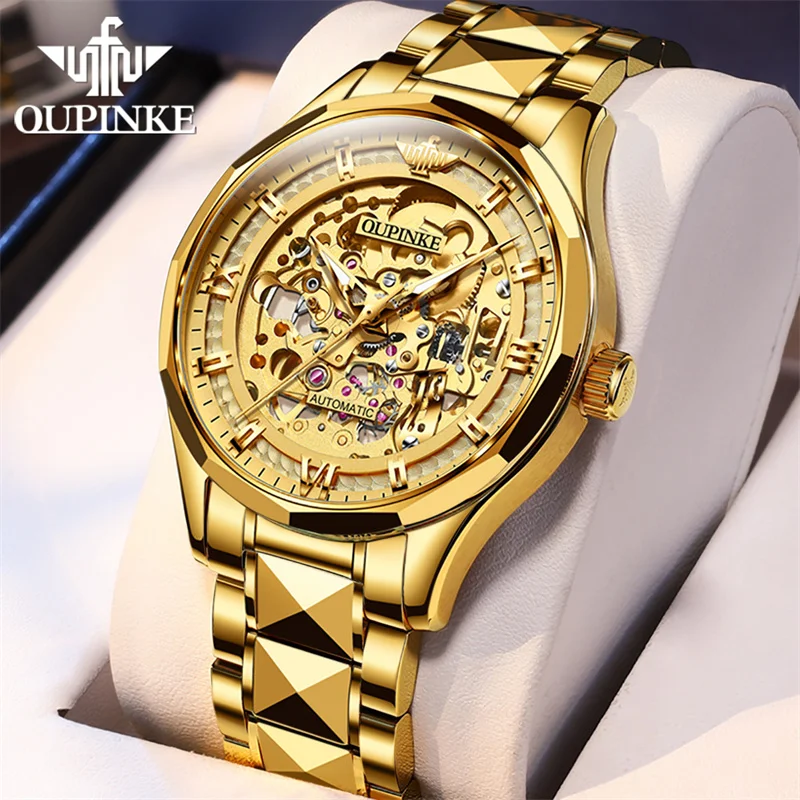 OUPINKE Top Brands Automatic Mechanical Men Watch Skeleton Waterproof Tungsten Steel Male Watches Fashion Casual Gift For Man