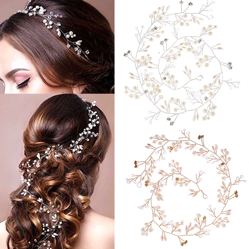 50-150cm Wedding Pearl Headband For Women Bridal Vine Rhinestone Hairband Crown Headpiece Wedding Hair Jewelry Hair Accessories