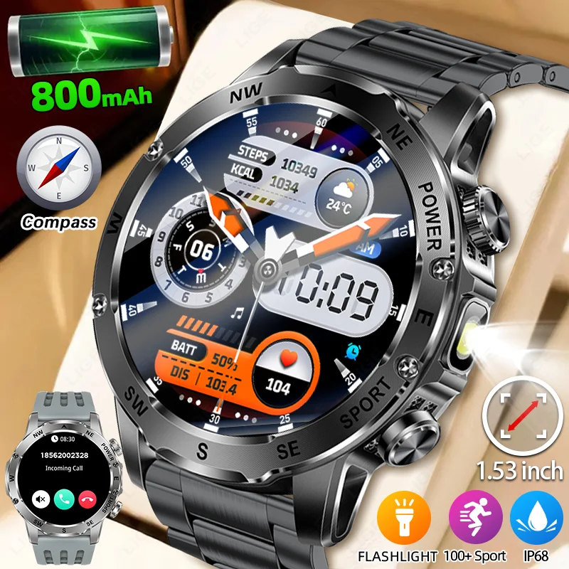 

LIGE 2025 800mAh Super Capacity Battery Adult Men Smart Watch Compass 1.53-inch Bluetooth Call IP68 Waterproof Sports Smartwatch