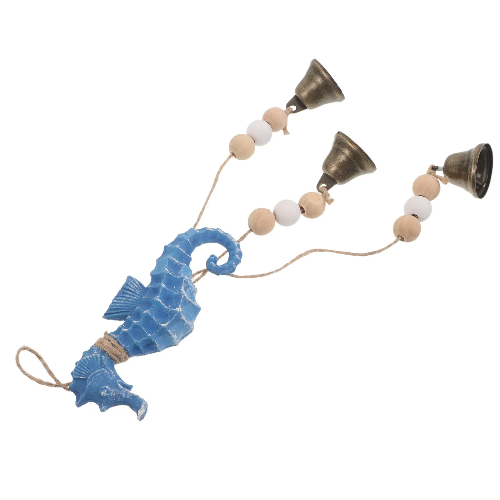 Campana de viento con forma de caballito de mar, estilo mediterráneo, 33 cm, para colgar en la playa, con motivos náuticos, cuentas de madera, para puerta, pared o ventana.
