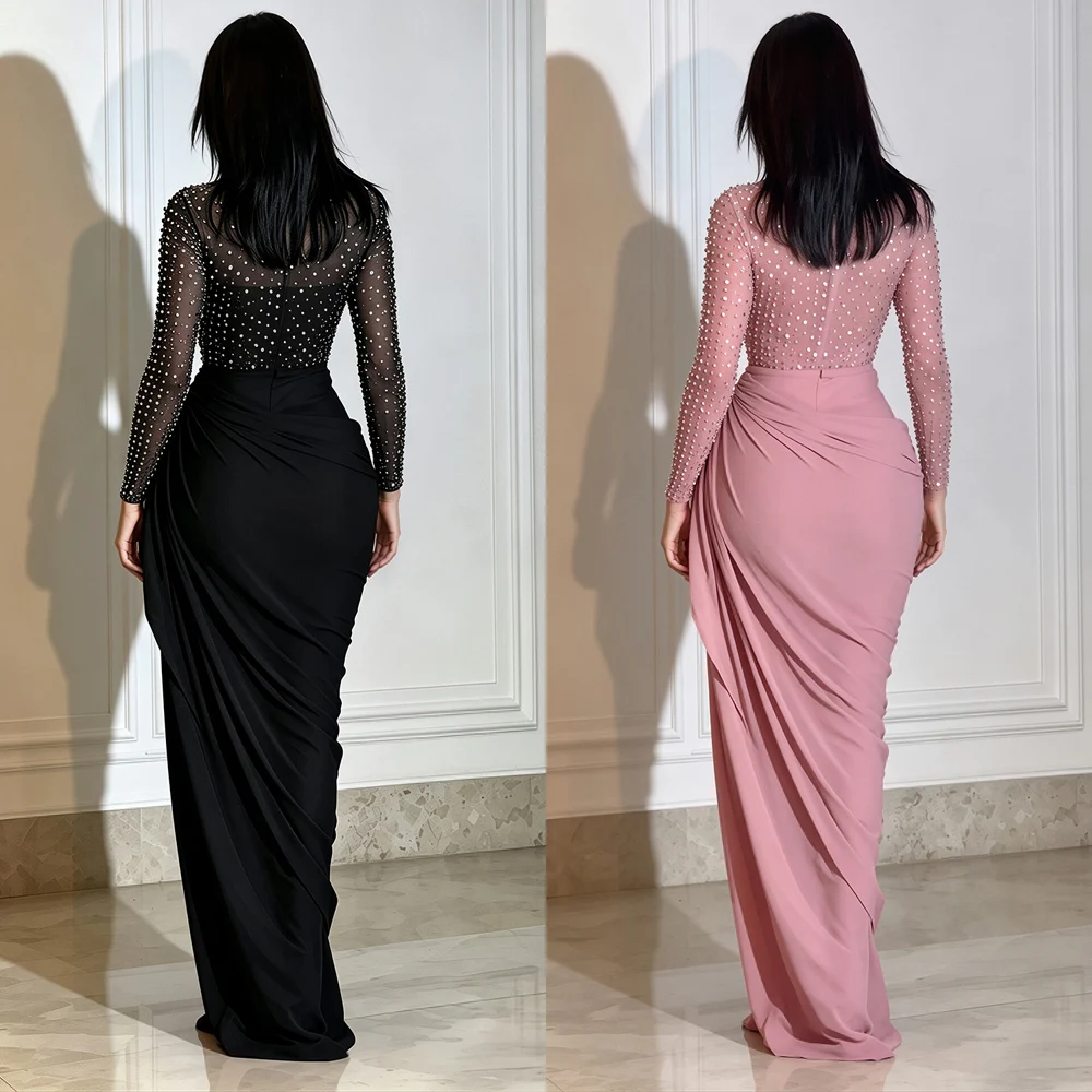 JENYAGE Damen Strass-Netz 2-teiliges Maxi-Abendkleid-Set, Stehkragen, lange Ärmel, bodenlang, gerafft, figurbetont, formelles Partykleid – Detail 3