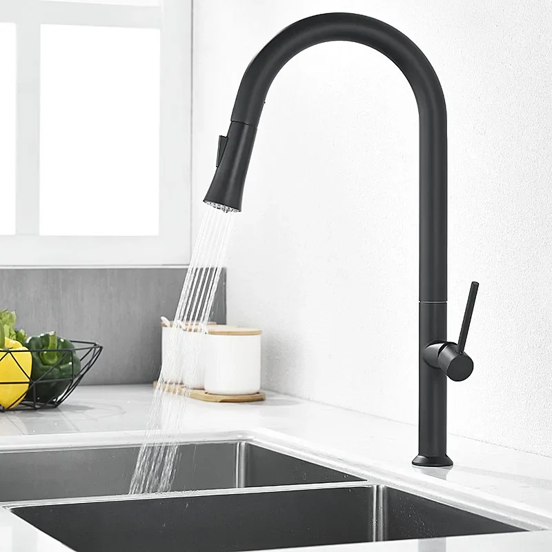 Brushed Gold Pull Out Kitchen Sink Water Tap Single Handle Cold And Hot Water Mixer Tap 360 Rotation  Kitchen Faucet