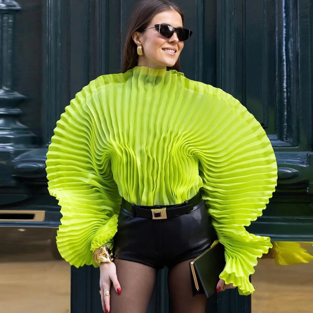 

Couture Fahion Neon Green Folded Women Top Blazer Fashion See Thru Puff Sleeves Girls Top
