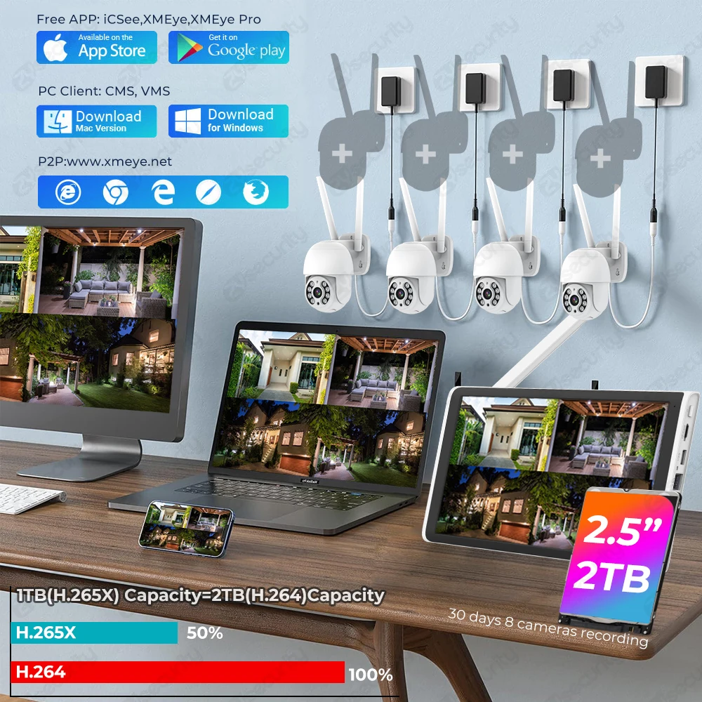 3MP Wireless Surveillance Kit Outdoor WiFi IP PTZ Security Camera System 8CH NVR Kit with 10.1 Inch Monitor Home Mornitoring Set