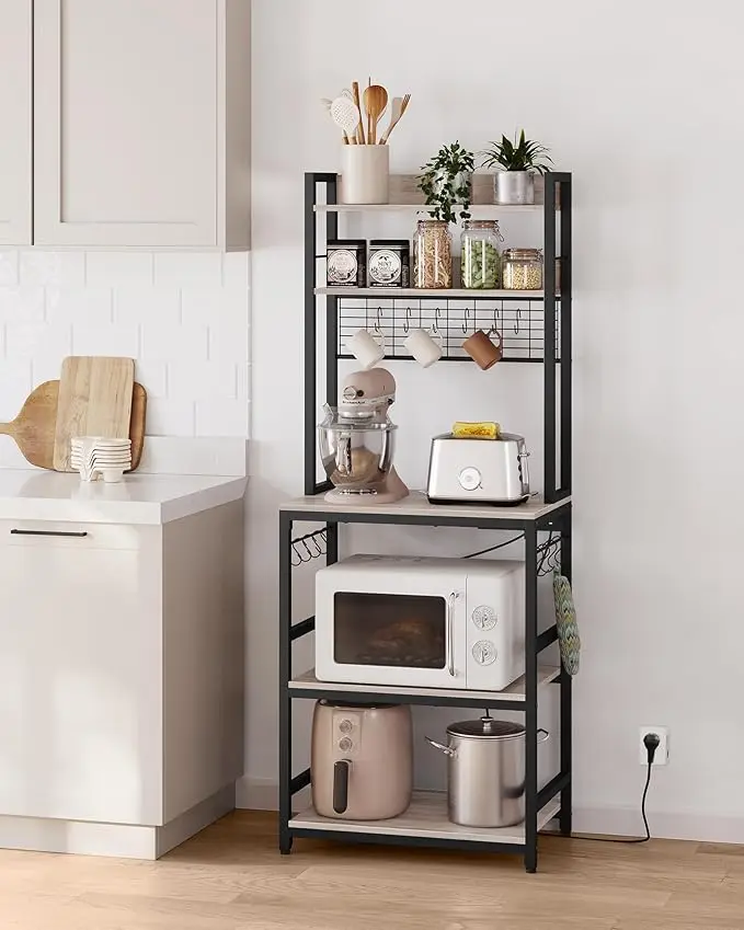 VASAGLE Kitchen Storage Rack with Power Outlet, Coffee Bar, Baker's Rack, with Metal Wire Panel, 14 Hooks, Steel Frame