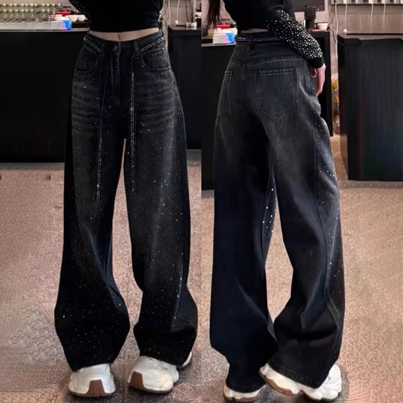 

New Women's Ironed Wide-leg Denim Pants Spring Summer Retro High-waisted Loose Jeans Female Casual Denim Trousers Black