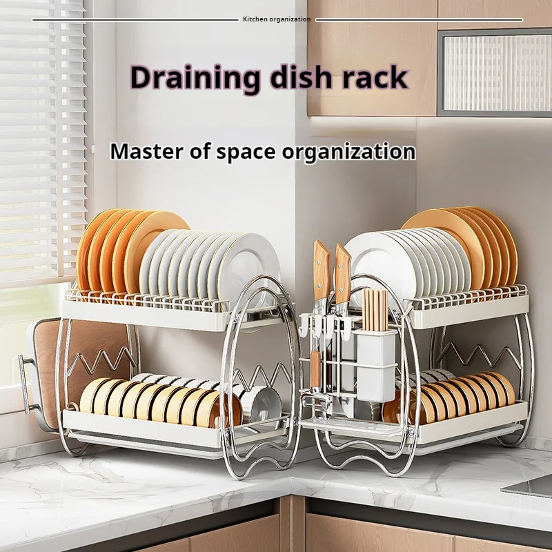 Kitchen Sink Dish Drainer Storage Rack Dish Racks With Drainboard for Kitchen Countertop  2 Tiers Multifunctional Storage