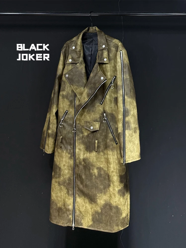 BLACK JOKER Original design Vintage casual Yellow-green zippered multi-pockets motorcycle style faux leather jacket long coats