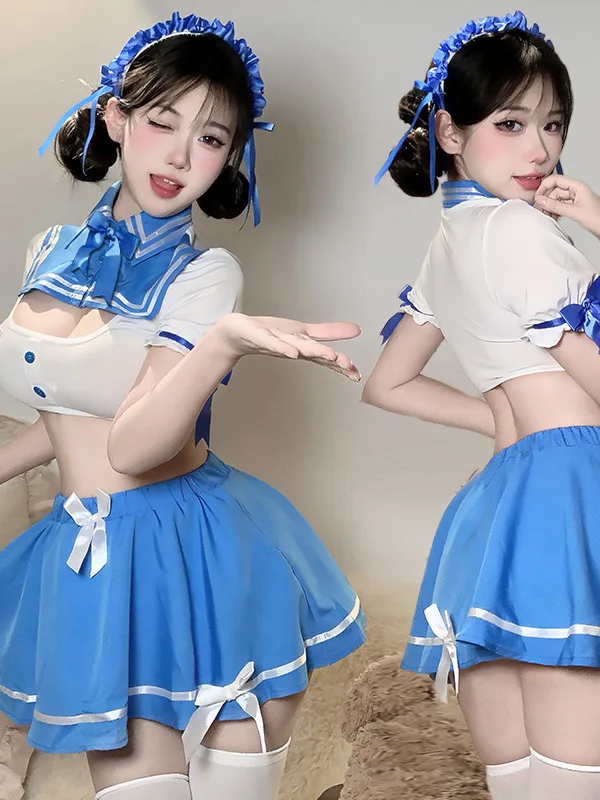 الحب النقي مدرسة زهرة الحلو الخصر سبليت JK موحدة مثير الرغبة النقية نمط الكلية قطعتين تنورة مجموعة الأزرق الحلو المرأة M7UH