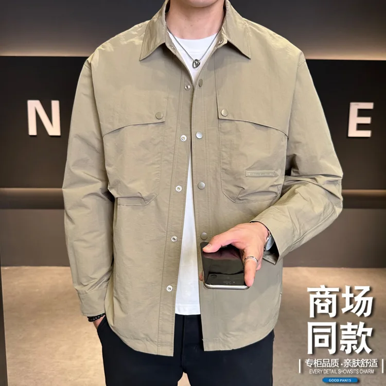 Men's Spring Turn-Down Collar Jacket New Fashion  Top Youth Solid Color Simple Short Button Shirt Coat